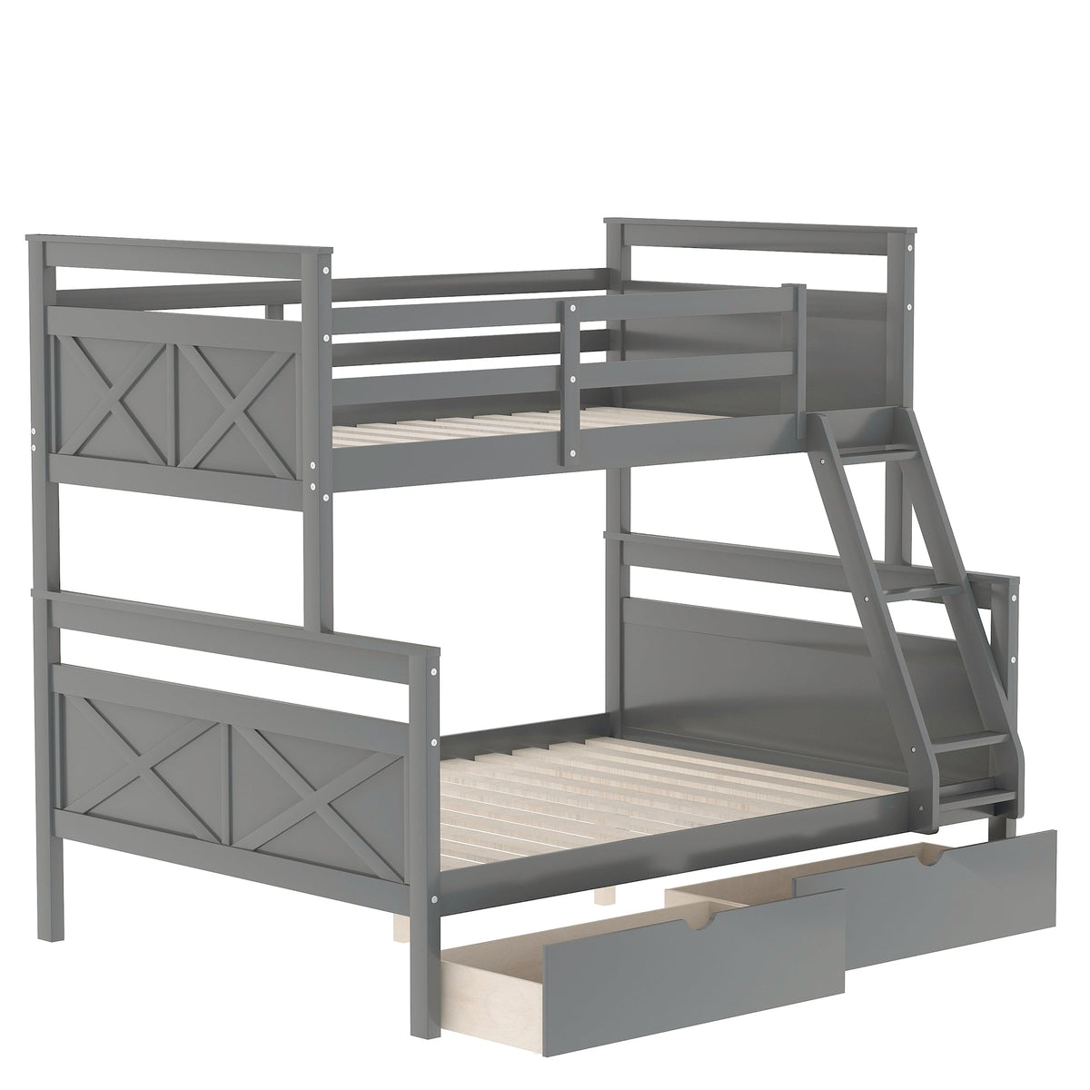 Twin over Full Bunk Bed with Ladder Two Storage Drawers  Safety Guardrail  Gray V.I.P Digital Presence