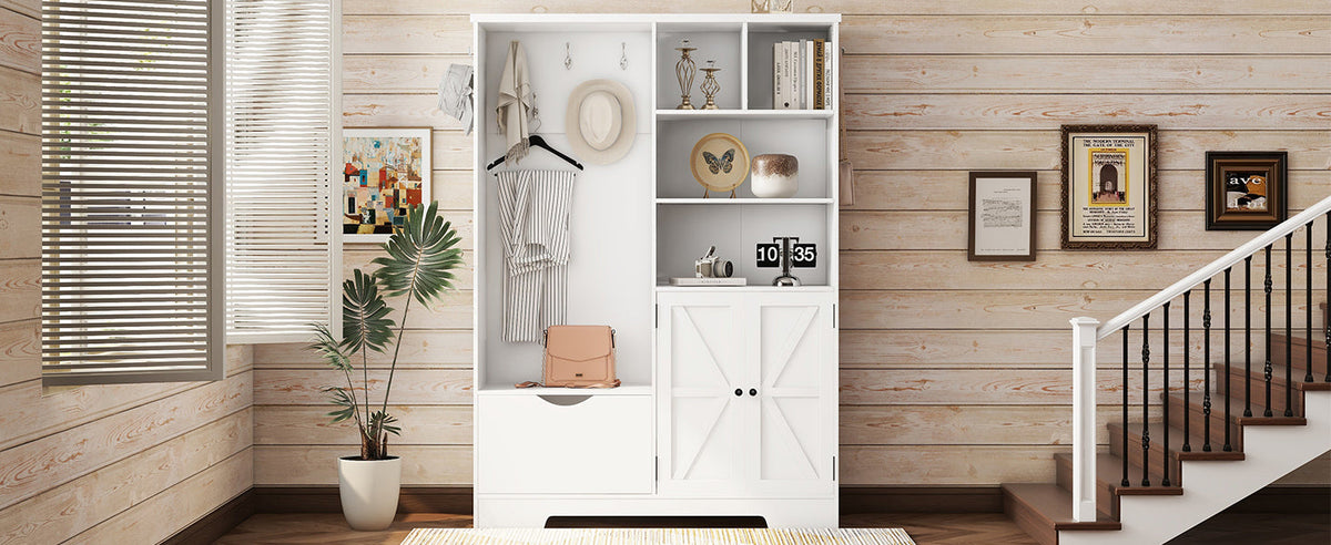 Multi-functional Hall Tree with Storage Shelves Drawers Cabinet Elegant Hallway Shoe Cabinet with Bench Modern Coat Rack White V.I.P Digital Presence