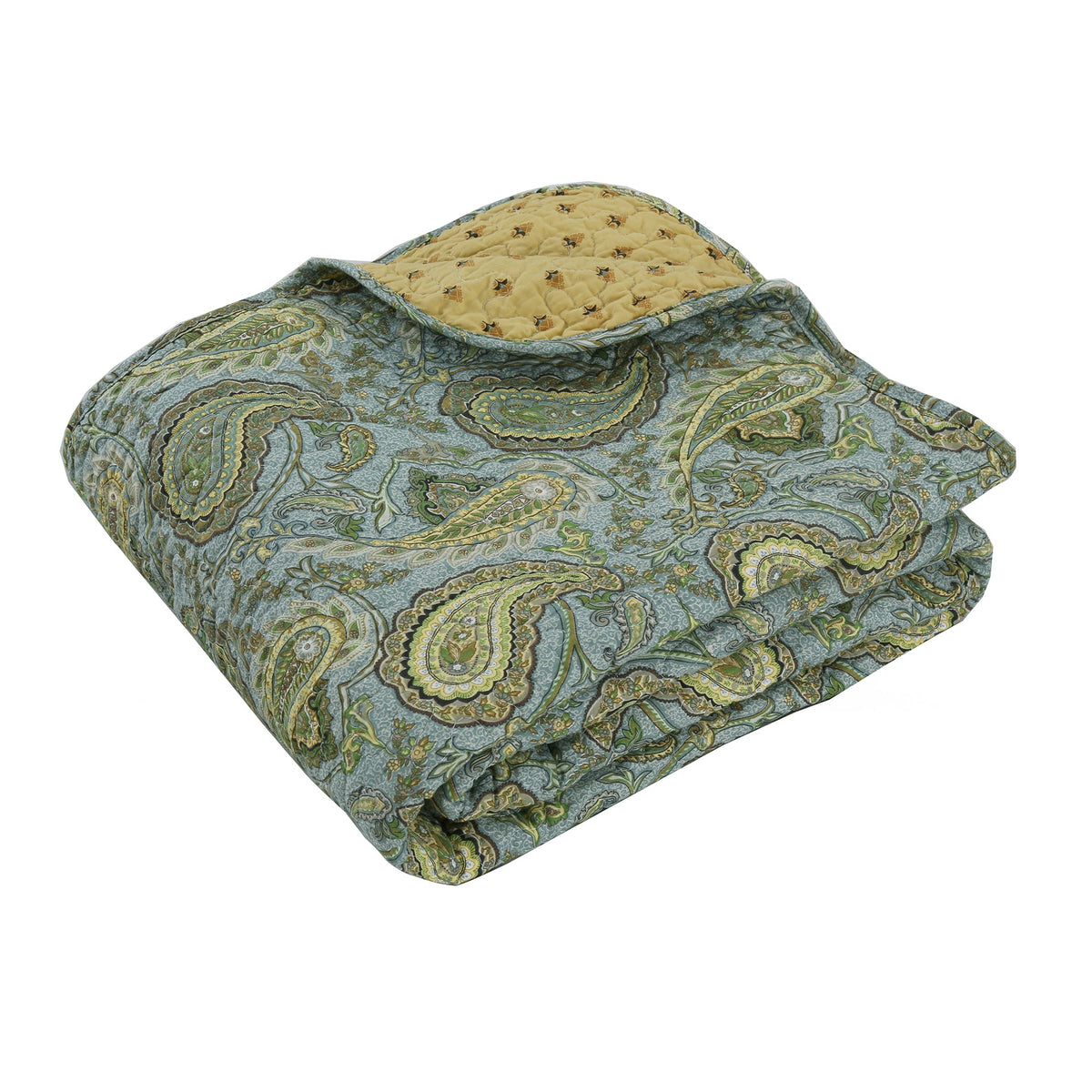 Green Blue Persian Paisley Scalloped Cotton Reversible Quilted Throw Blanket