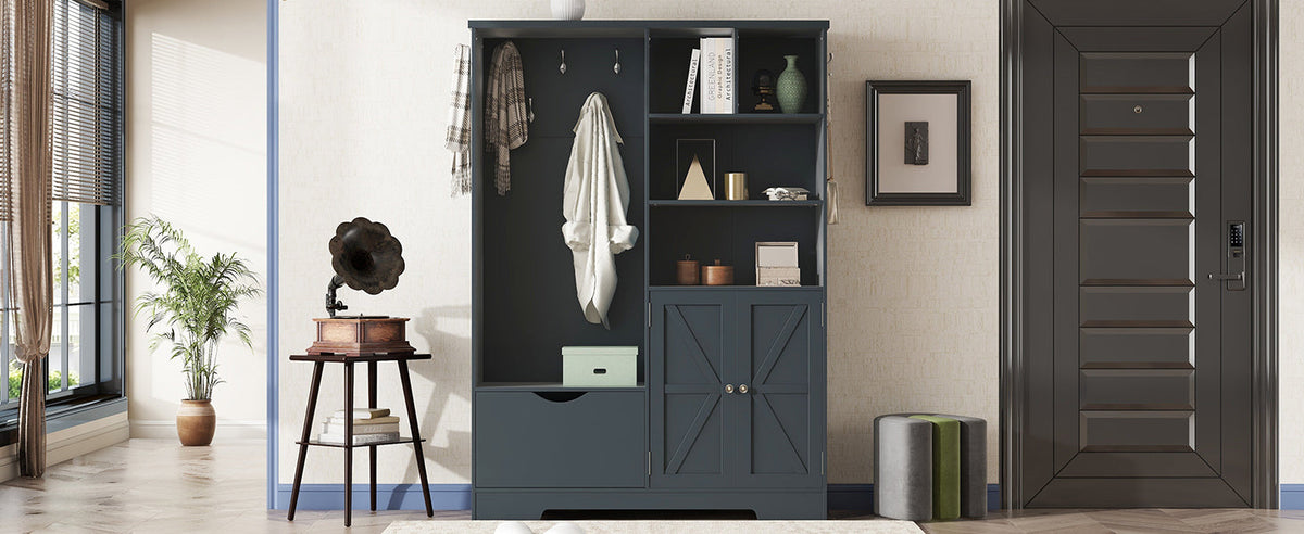 Multi-functional Hall Tree with Storage Shelves Drawers and Cabinet, Elegant Hallway Shoe Cabinet with Bench Antique Blue V.I.P Digital Presence