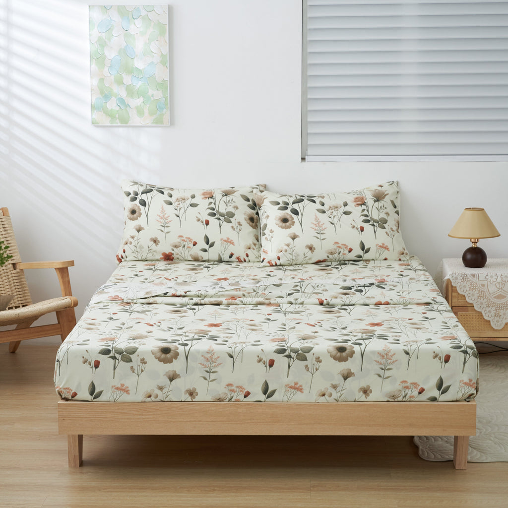 DaDalogy Enchanted Meadow Bed in a bag Set - Victoria Garden Delicate Floral Symphony in Beige, Rose, and Soft Green, Luxuriously Soft Quilted Set