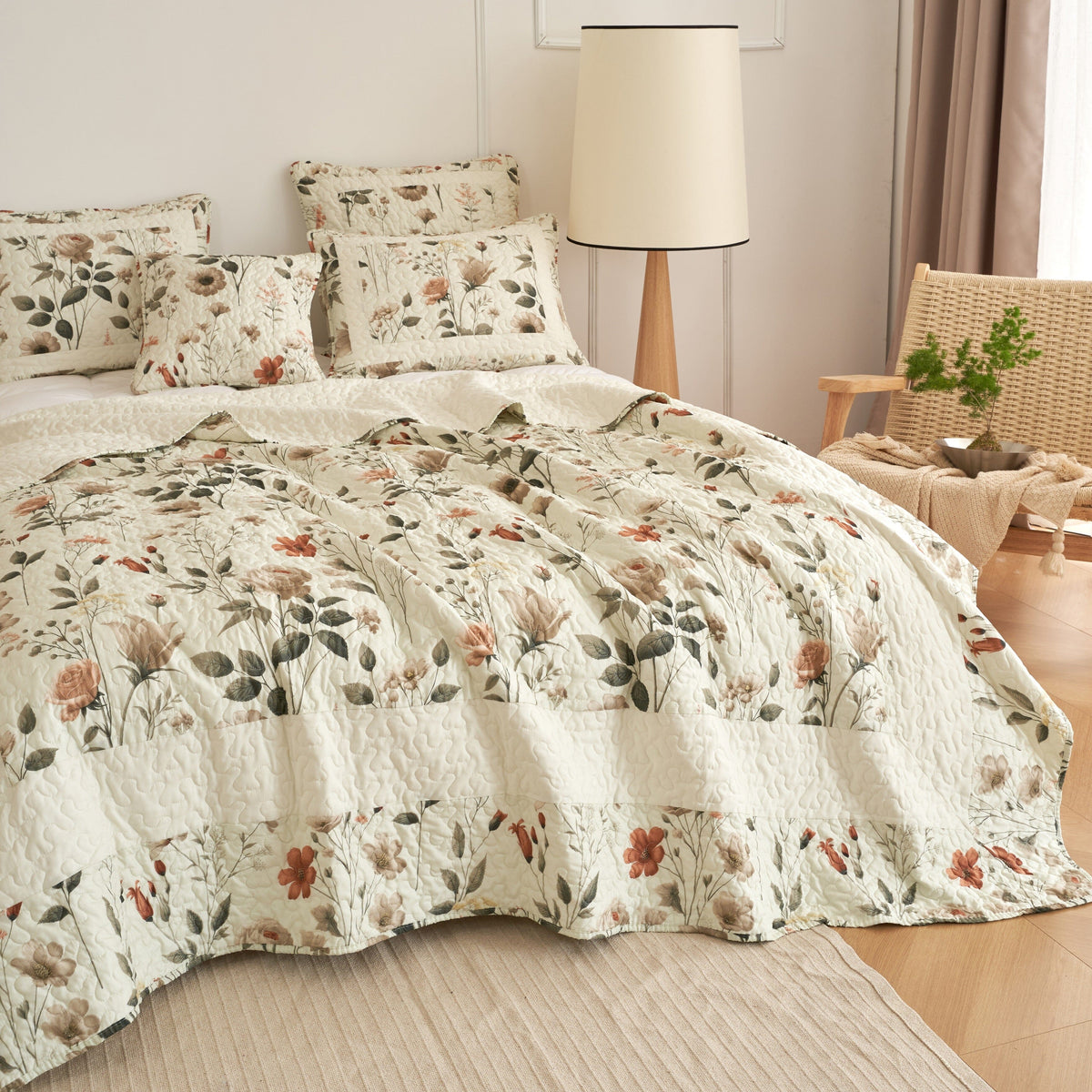 DaDalogy Enchanted Meadow Bed in a bag Set - Victoria Garden Delicate Floral Symphony in Beige, Rose, and Soft Green, Luxuriously Soft Quilted Set