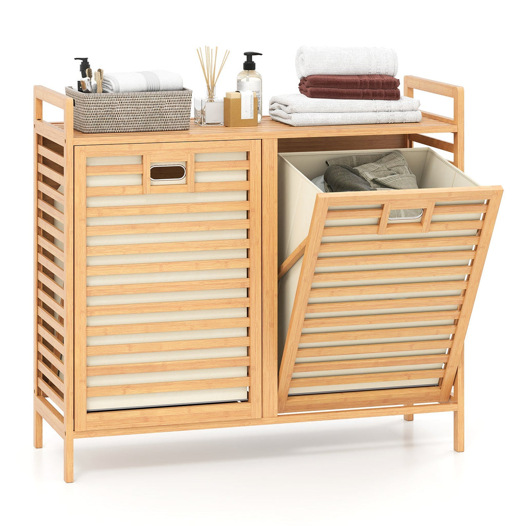 Double Tilt-out Laundry Hamper with 2 Removable Bins-Natural