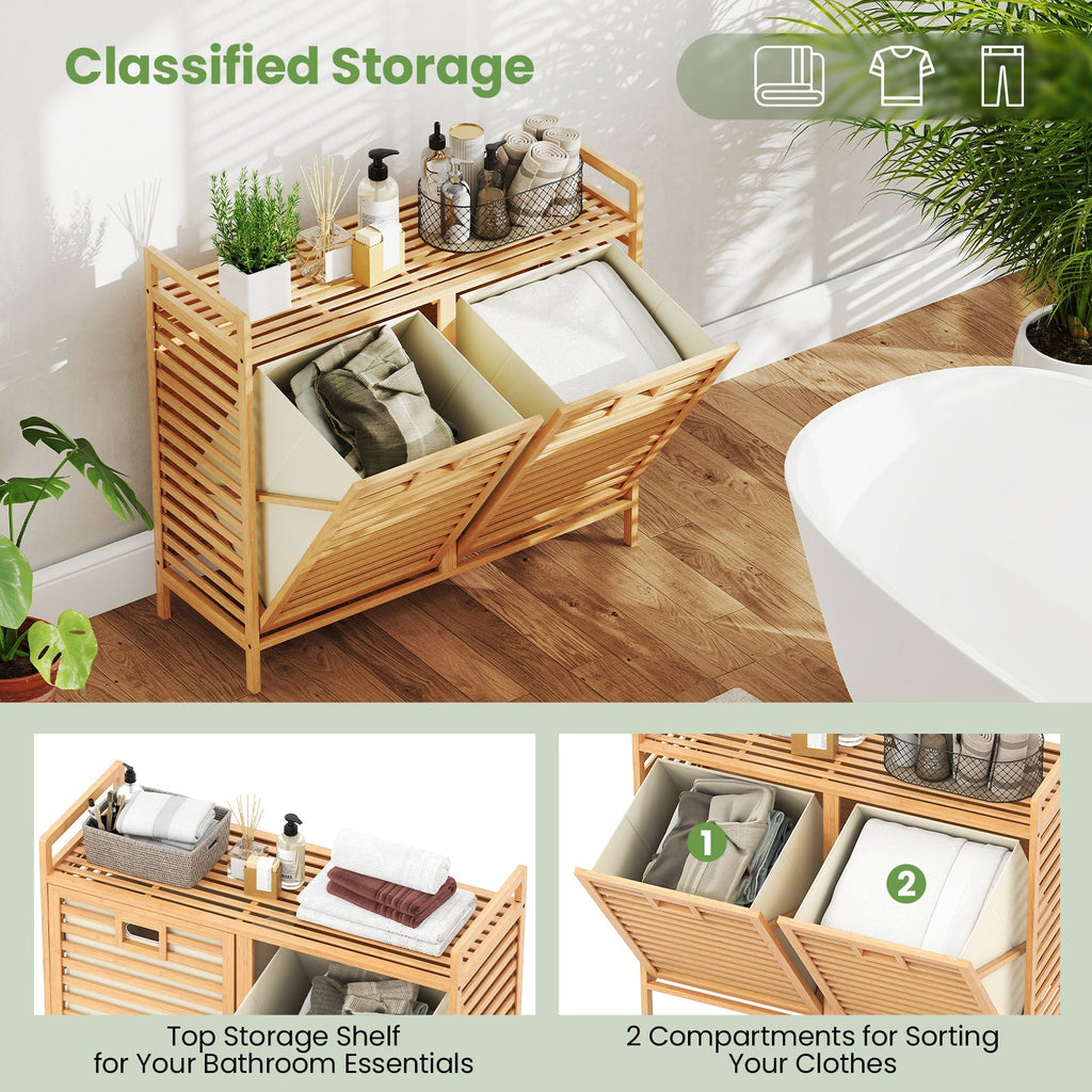Double Tilt-out Laundry Hamper with 2 Removable Bins-Natural
