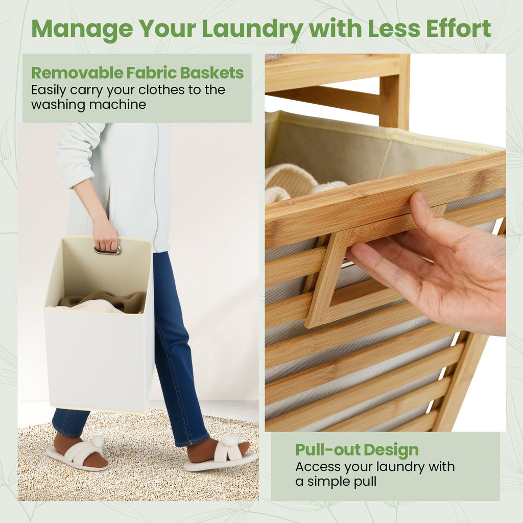 Double Tilt-out Laundry Hamper with 2 Removable Bins-Natural