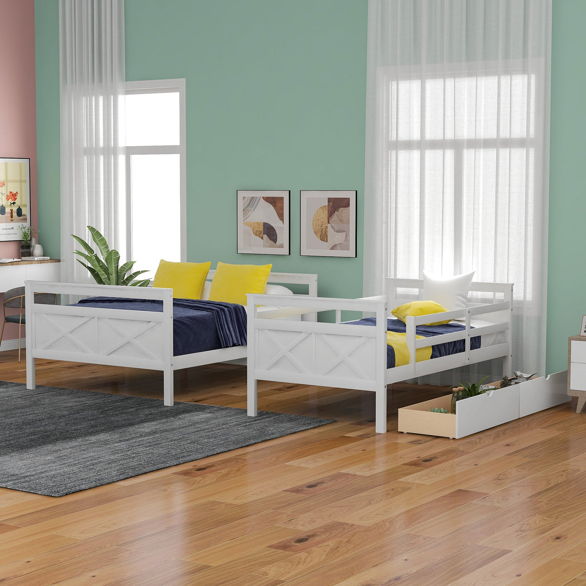 Twin over Full Bunk Bed with Ladder, Two Storage Drawers, Safety Guardrail  White V.I.P Digital Presence