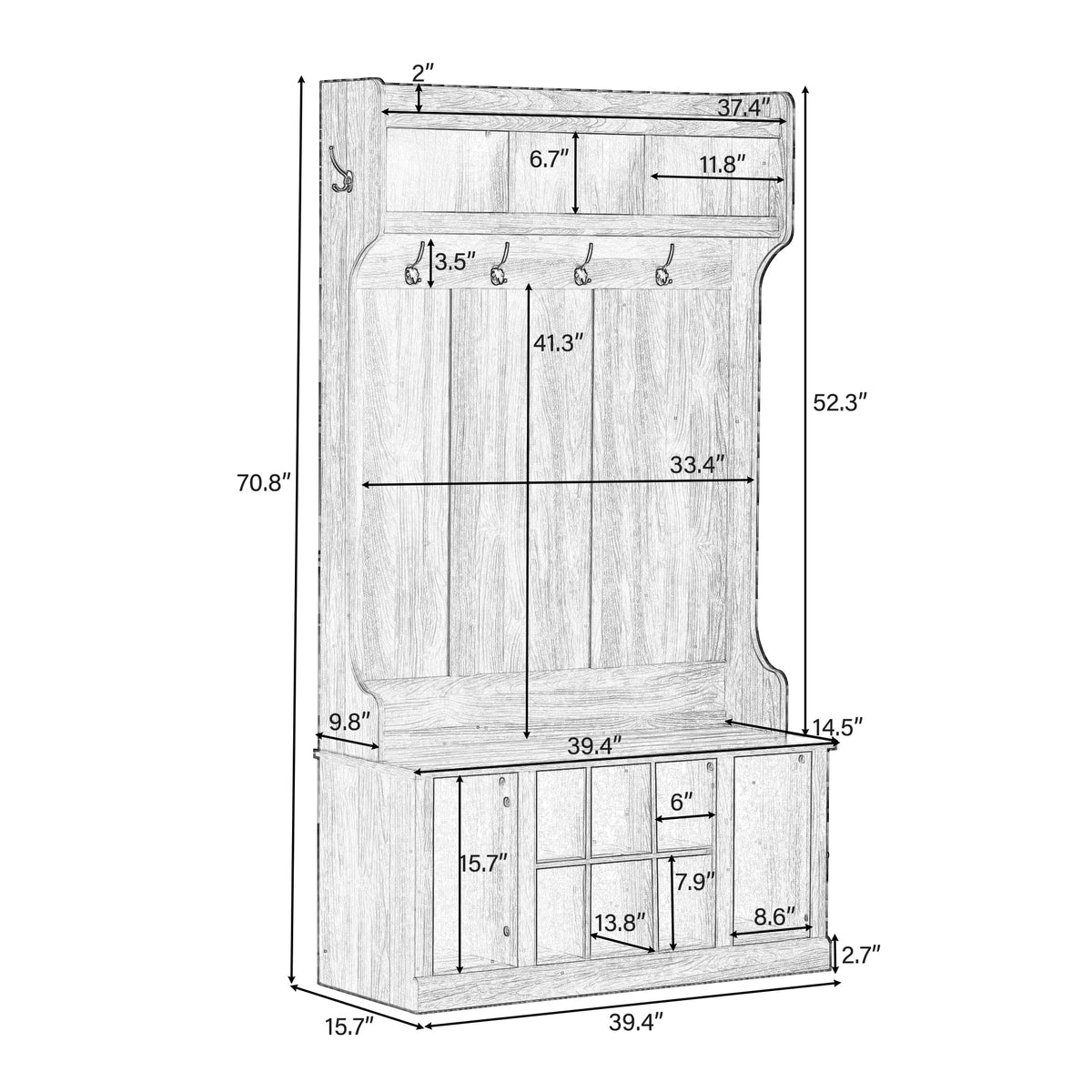 U-Can Hall Tree with 6 Hooks  Coat Hanger Entryway Bench Storage Bench (White) V.I.P Digital Presence