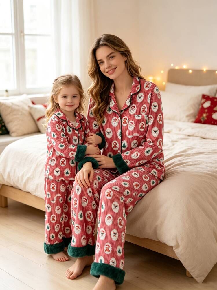 Mommy and Me Christmas Santa Print Pajama Set with Fur Trim Rylee Faith Designs