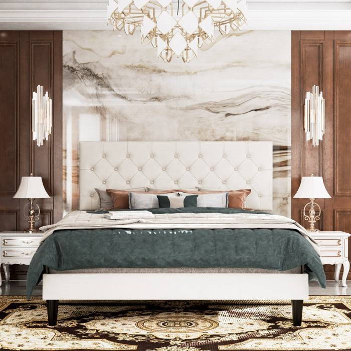 Queen White Faux Leather Upholstered Platform Bed with Button-Tufted Headboard HomePacific