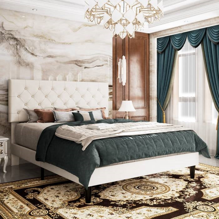 Queen White Faux Leather Upholstered Platform Bed with Button-Tufted Headboard HomePacific