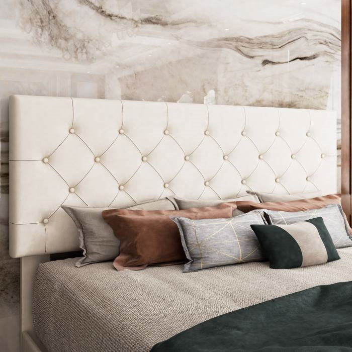 Queen White Faux Leather Upholstered Platform Bed with Button-Tufted Headboard HomePacific