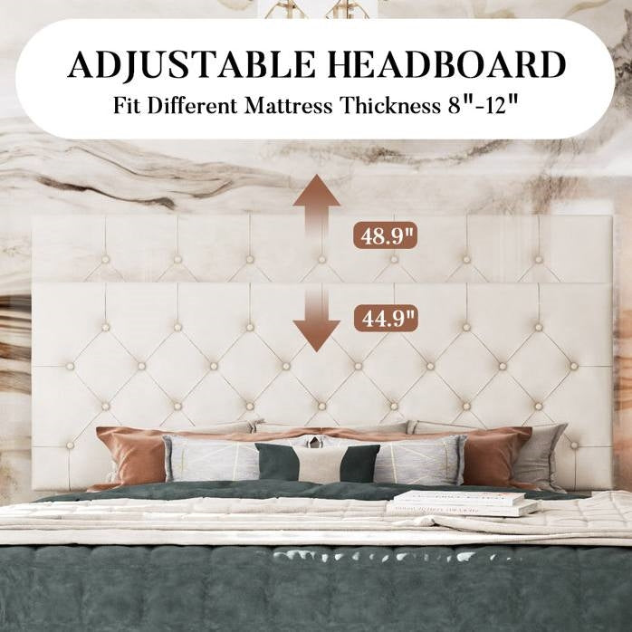 Queen White Faux Leather Upholstered Platform Bed with Button-Tufted Headboard HomePacific