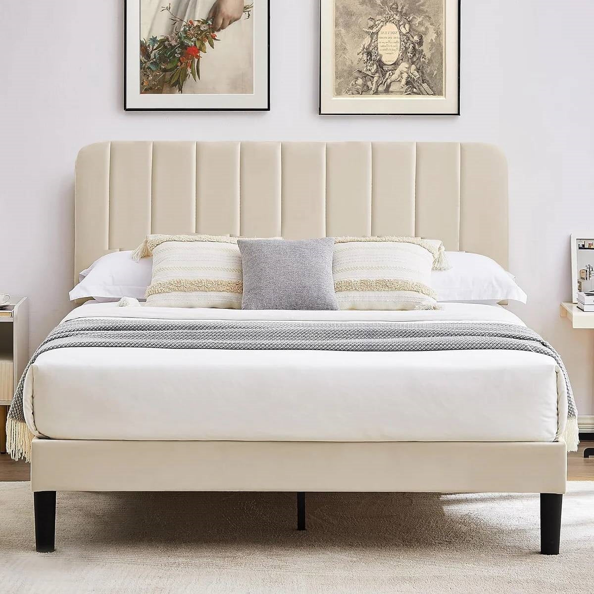Full size Beige Upholstered Platform Bed Frame with Headboard HomePacific