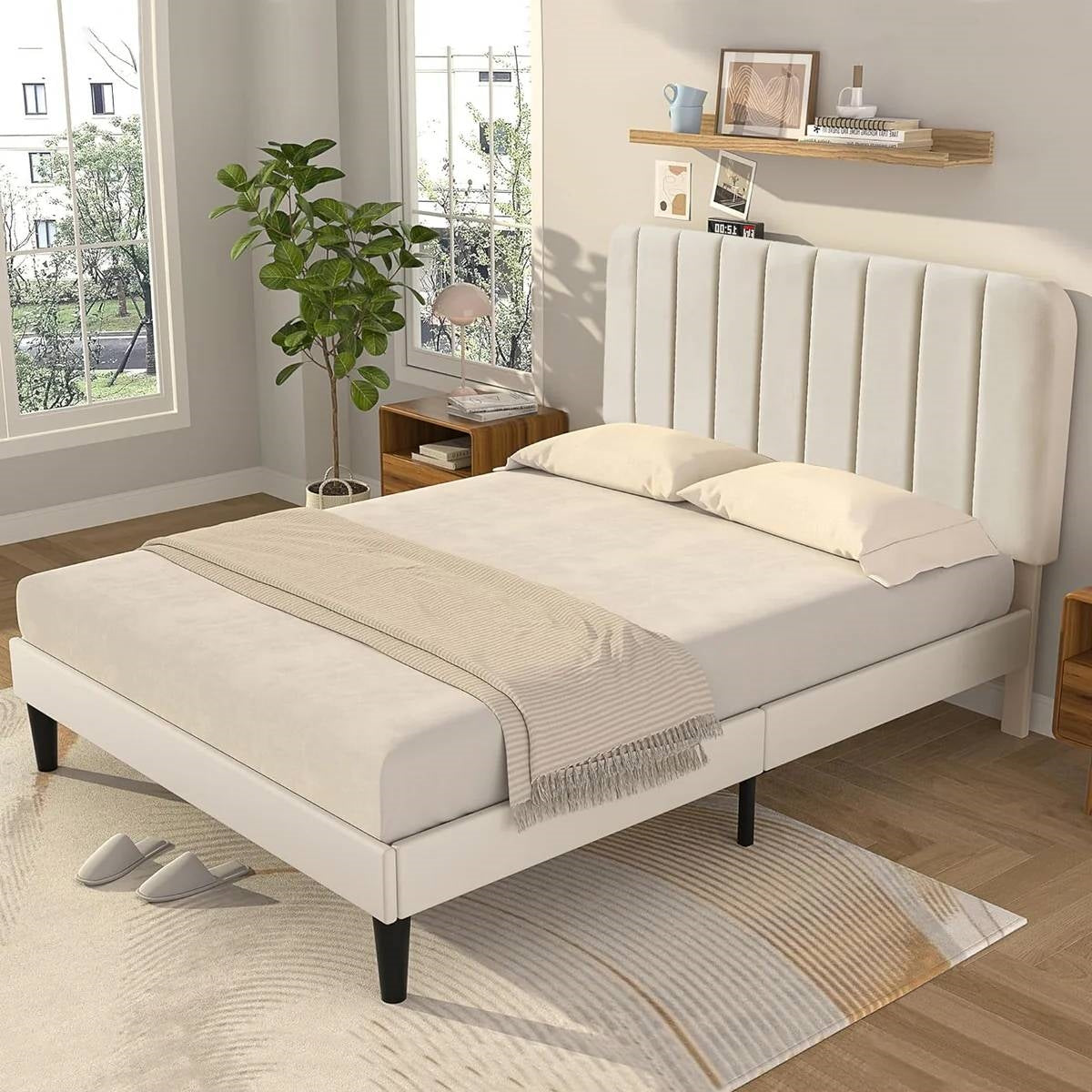 Full size Beige Upholstered Platform Bed Frame with Headboard HomePacific