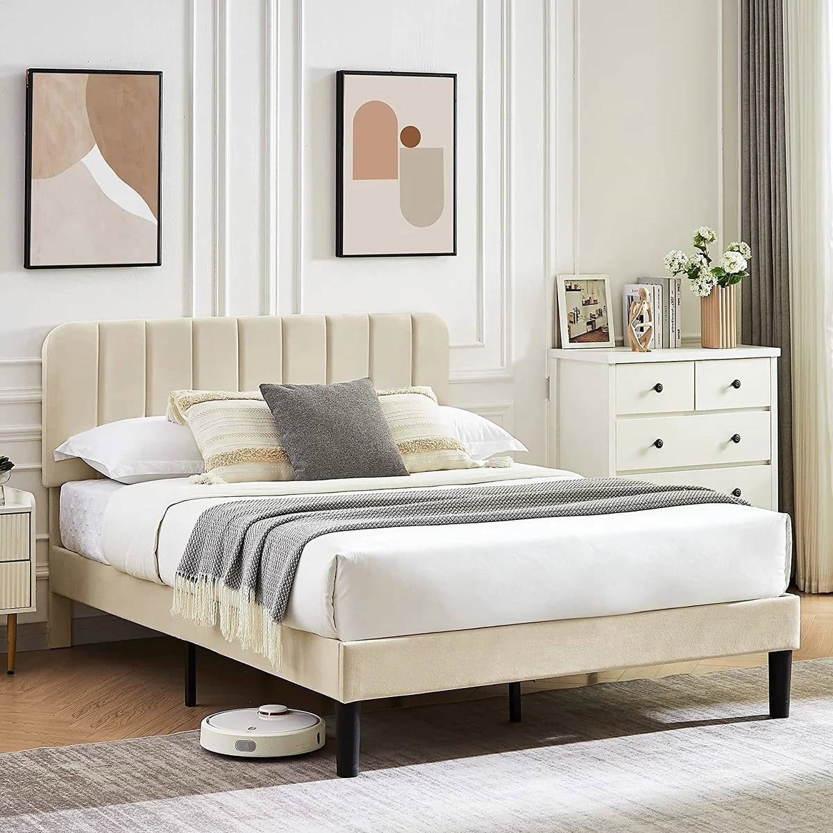 Full size Beige Upholstered Platform Bed Frame with Headboard HomePacific