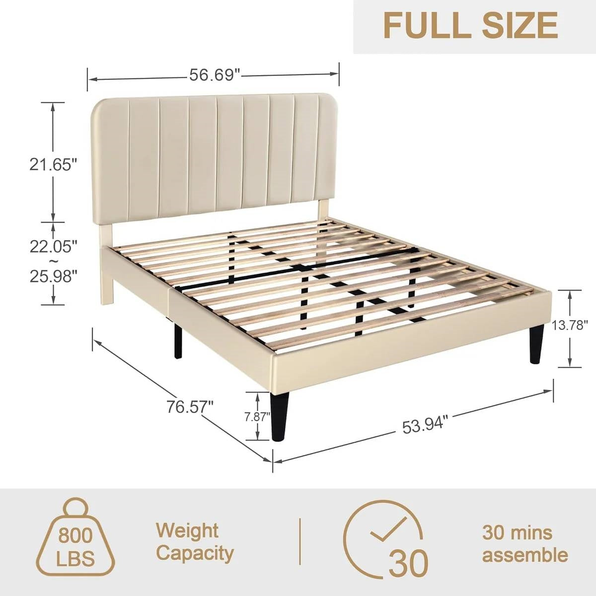 Full size Beige Upholstered Platform Bed Frame with Headboard HomePacific