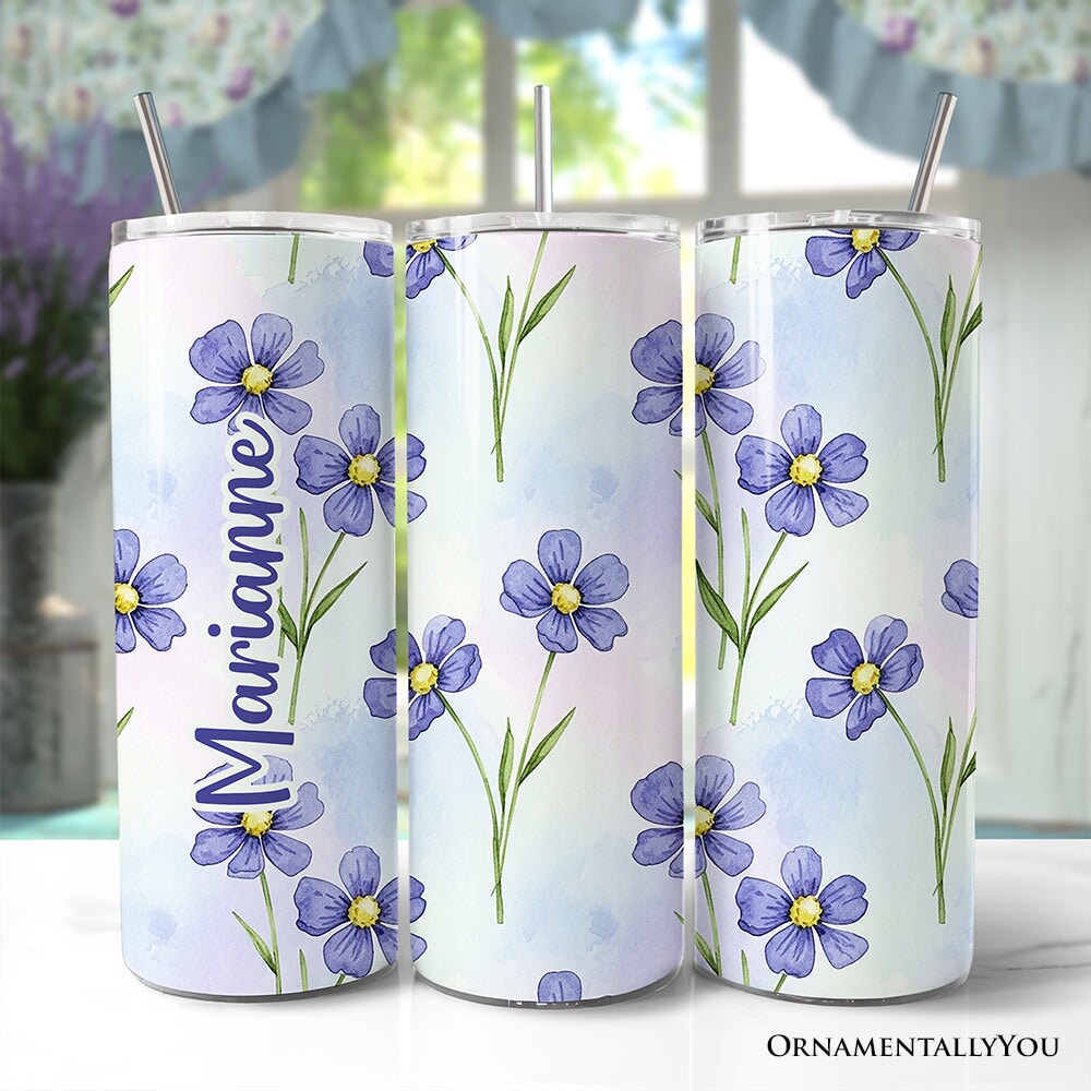 Delicate Blue Wildflowers 20oz Personalized Tumbler With Lid and Stainless Steel Straw, Soft Pastel Floral Pattern Gift Cup OrnamentallyYou