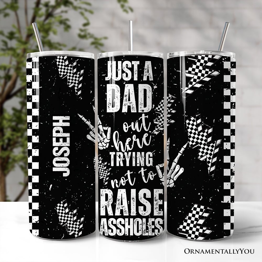 Just A Dad Checkered Lightning 20oz Personalized Tumbler With Lid and Stainless Steel Straw, Sarcastic Father's Day Humor Gift Cup OrnamentallyYou