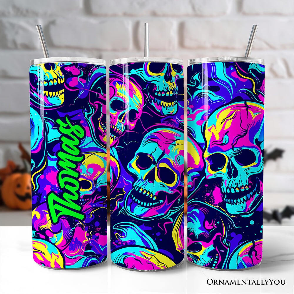 Neon Skull Chaos 20oz Personalized Tumbler With Lid and Stainless Steel Straw, Psychedelic Horror Halloween Gift Cup OrnamentallyYou