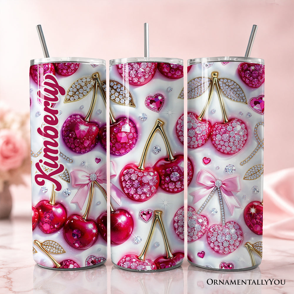 Pink Rhinestone Cherry Bow 20oz Personalized Tumbler With Lid and Stainless Steel Straw, Sparkly Valentine Coquette Gift Cup OrnamentallyYou
