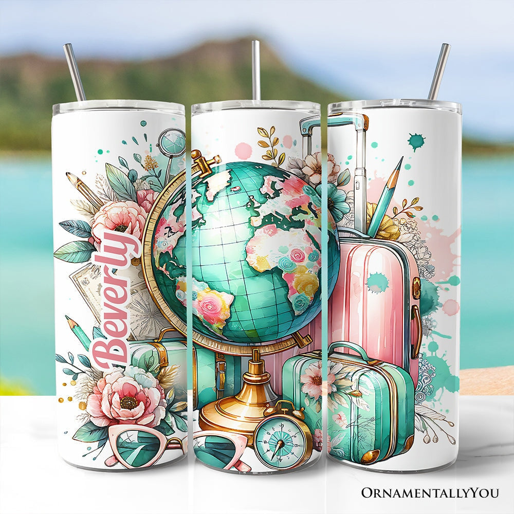 Pink and Teal Wanderlust Girl 20oz Personalized Tumbler With Lid and Stainless Steel Straw, Floral Traveler Adventurer Gift Cup OrnamentallyYou