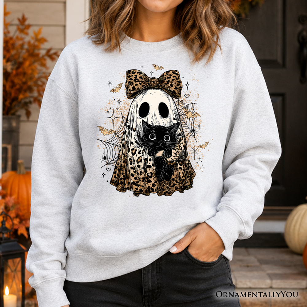 Leopard Bow Ghost with Black Cat Sweatshirt, Spooky Halloween Spider Web Sweater OrnamentallyYou