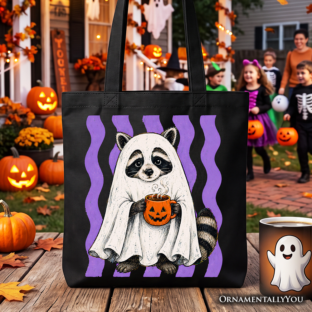 Ghost Costume Raccoon Tote Bag, Halloween Pumpkin Coffee Mug Gift Shopper OrnamentallyYou
