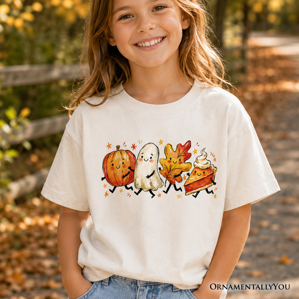 Kids Cute Fall Characters T-Shirt, Pumpkin Ghost Leaf Pie Autumn Youth Tee OrnamentallyYou