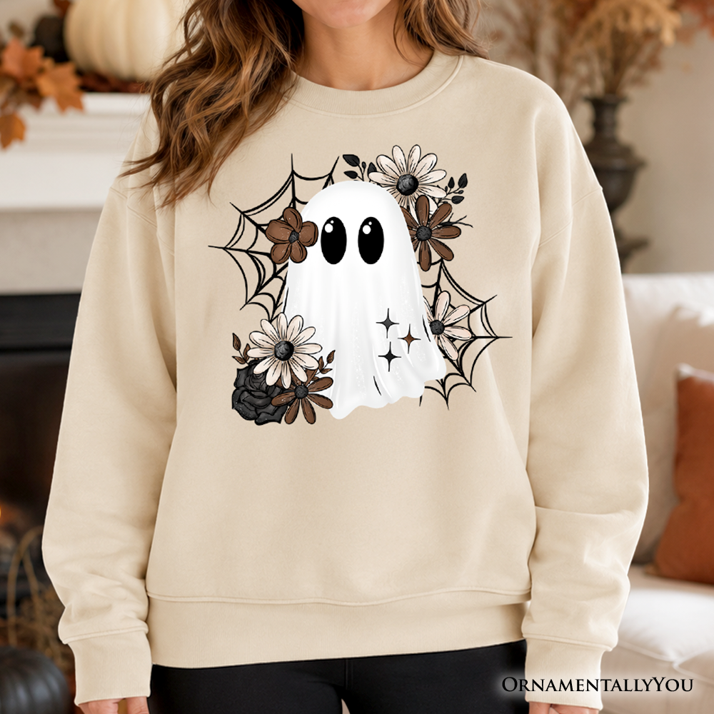 Floral Ghost Sweatshirt, Neutral Boho Halloween Spider Web Sweater OrnamentallyYou