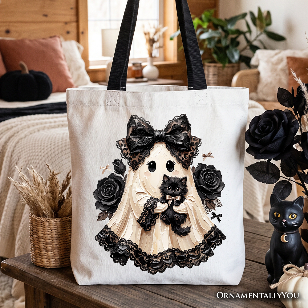 Gothic Ghost with Black Cat Tote Bag, Black Rose Coquette Halloween Gift Shopper OrnamentallyYou