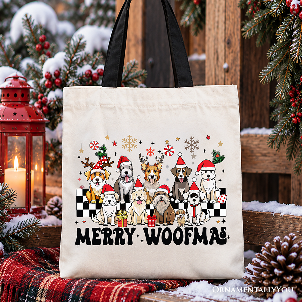 Merry Woofmas Dog Mama Tote Bag, Dogs With Santa Hats Christmas Gift Shopper OrnamentallyYou