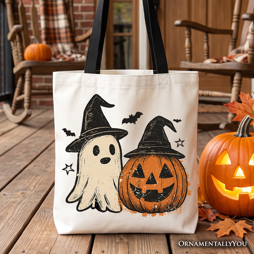 Witch Hat Ghost and Pumpkin Tote Bag, Vintage Halloween Jack O’ Lantern Gift Shopper OrnamentallyYou