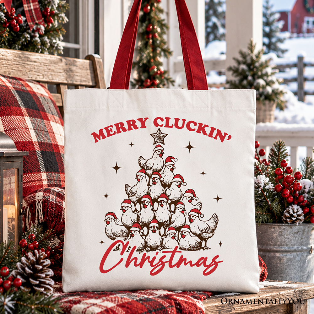Merry Cluckin' Christmas Tree Tote Bag, Funny Santa Hat Chicken Farmhouse Gift Shopper OrnamentallyYou