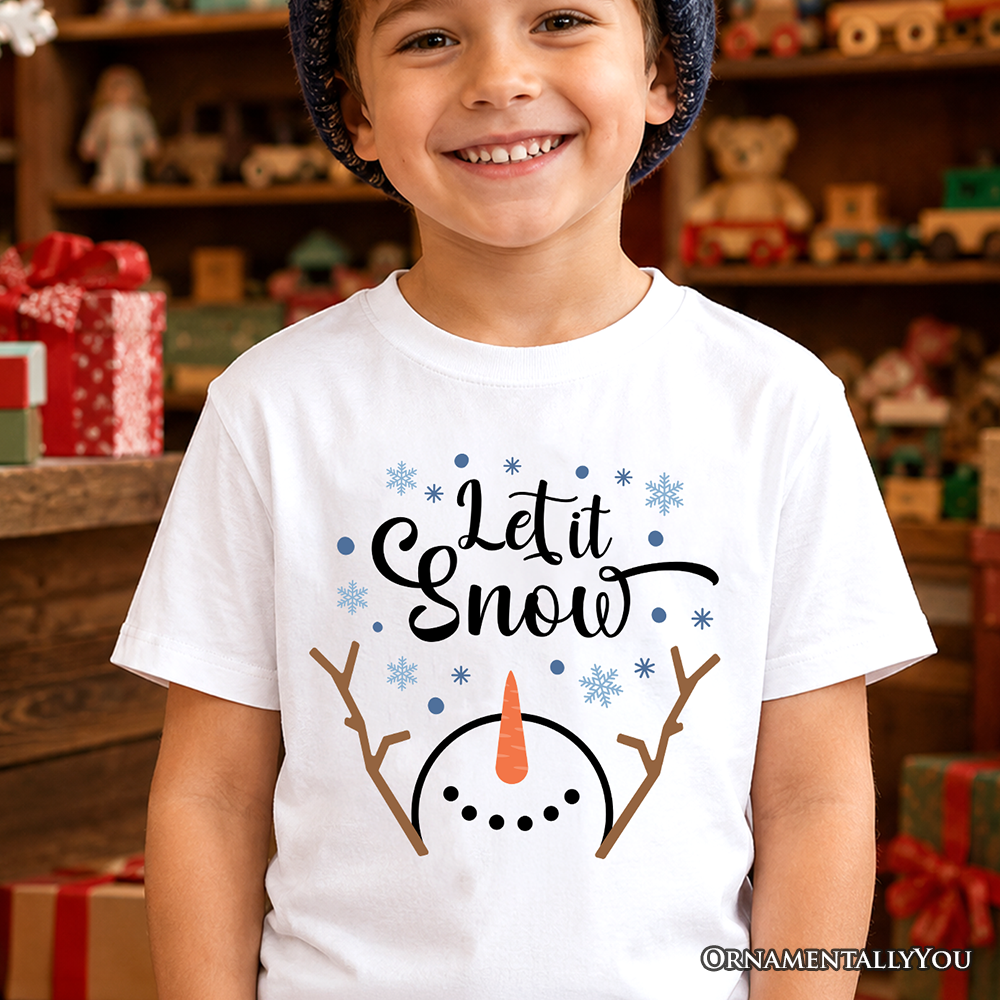Kids Let It Snow Snowman T-Shirt, Snowflakes Minimalist Youth Tee for Winter Holiday Season OrnamentallyYou