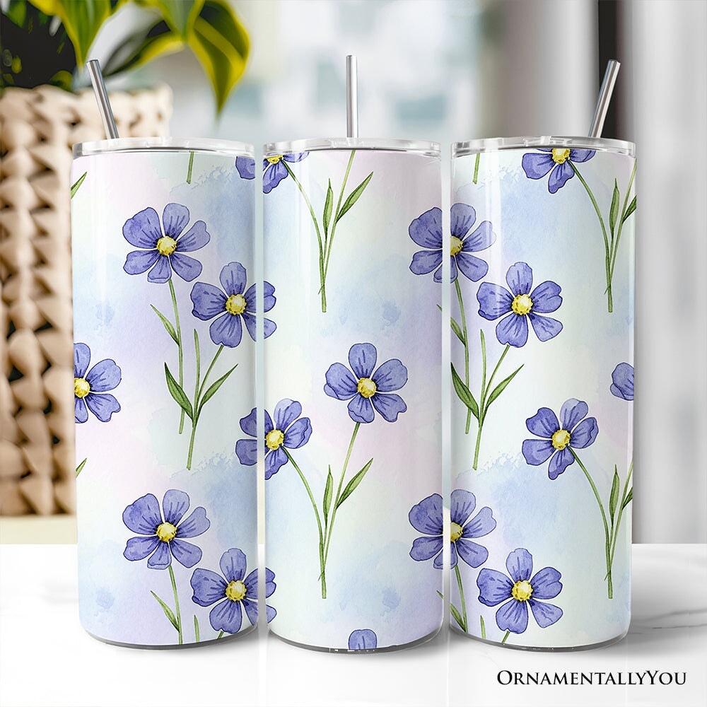 Delicate Blue Wildflowers 20oz Personalized Tumbler With Lid and Stainless Steel Straw, Soft Pastel Floral Pattern Gift Cup OrnamentallyYou