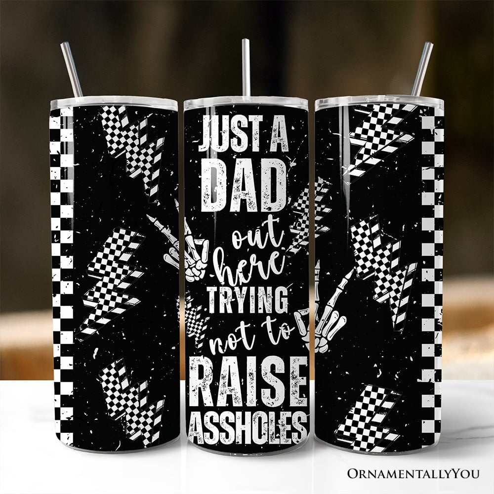 Just A Dad Checkered Lightning 20oz Personalized Tumbler With Lid and Stainless Steel Straw, Sarcastic Father's Day Humor Gift Cup OrnamentallyYou