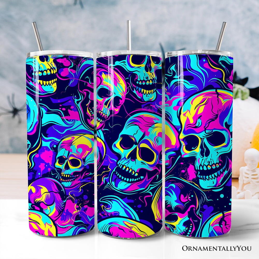 Neon Skull Chaos 20oz Personalized Tumbler With Lid and Stainless Steel Straw, Psychedelic Horror Halloween Gift Cup OrnamentallyYou