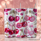 Pink Rhinestone Cherry Bow 20oz Personalized Tumbler With Lid and Stainless Steel Straw, Sparkly Valentine Coquette Gift Cup OrnamentallyYou