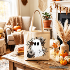 Floral Ghost Tote Bag, Neutral Boho Halloween Spider Web Gift Shopper OrnamentallyYou