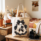 Gothic Ghost with Black Cat Tote Bag, Black Rose Coquette Halloween Gift Shopper OrnamentallyYou