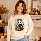 Leopard Bow Ghost with Black Cat Sweatshirt, Spooky Halloween Spider Web Sweater OrnamentallyYou