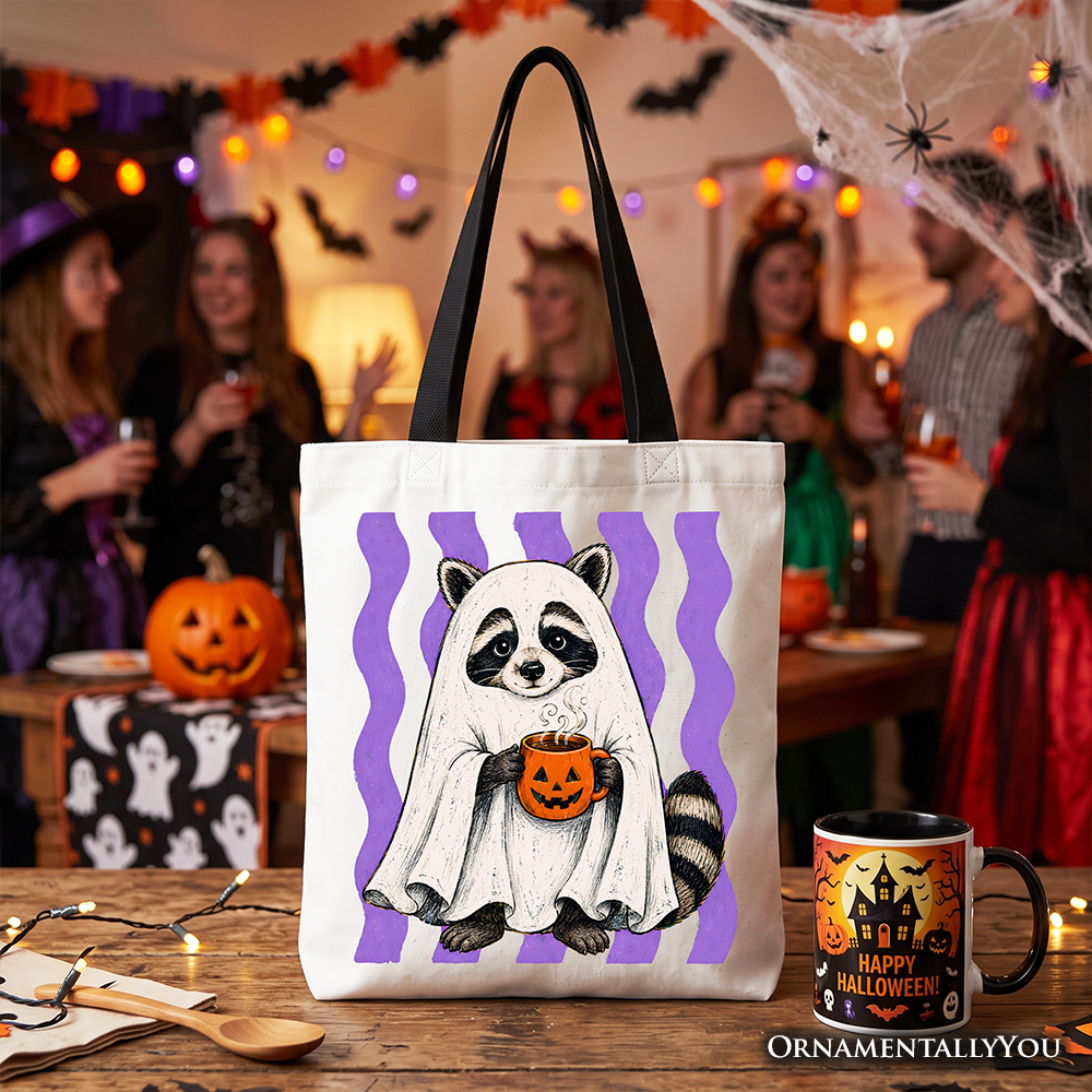 Ghost Costume Raccoon Tote Bag, Halloween Pumpkin Coffee Mug Gift Shopper OrnamentallyYou