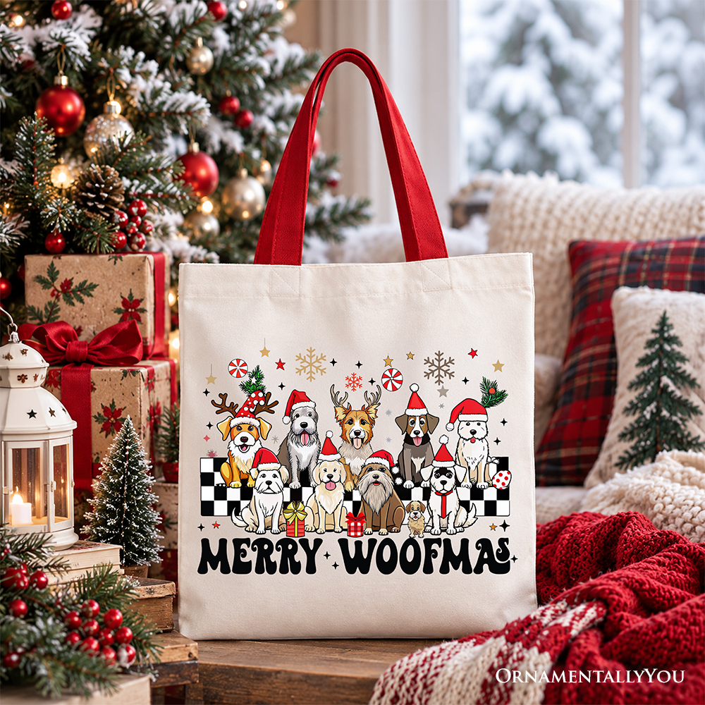 Merry Woofmas Dog Mama Tote Bag, Dogs With Santa Hats Christmas Gift Shopper OrnamentallyYou