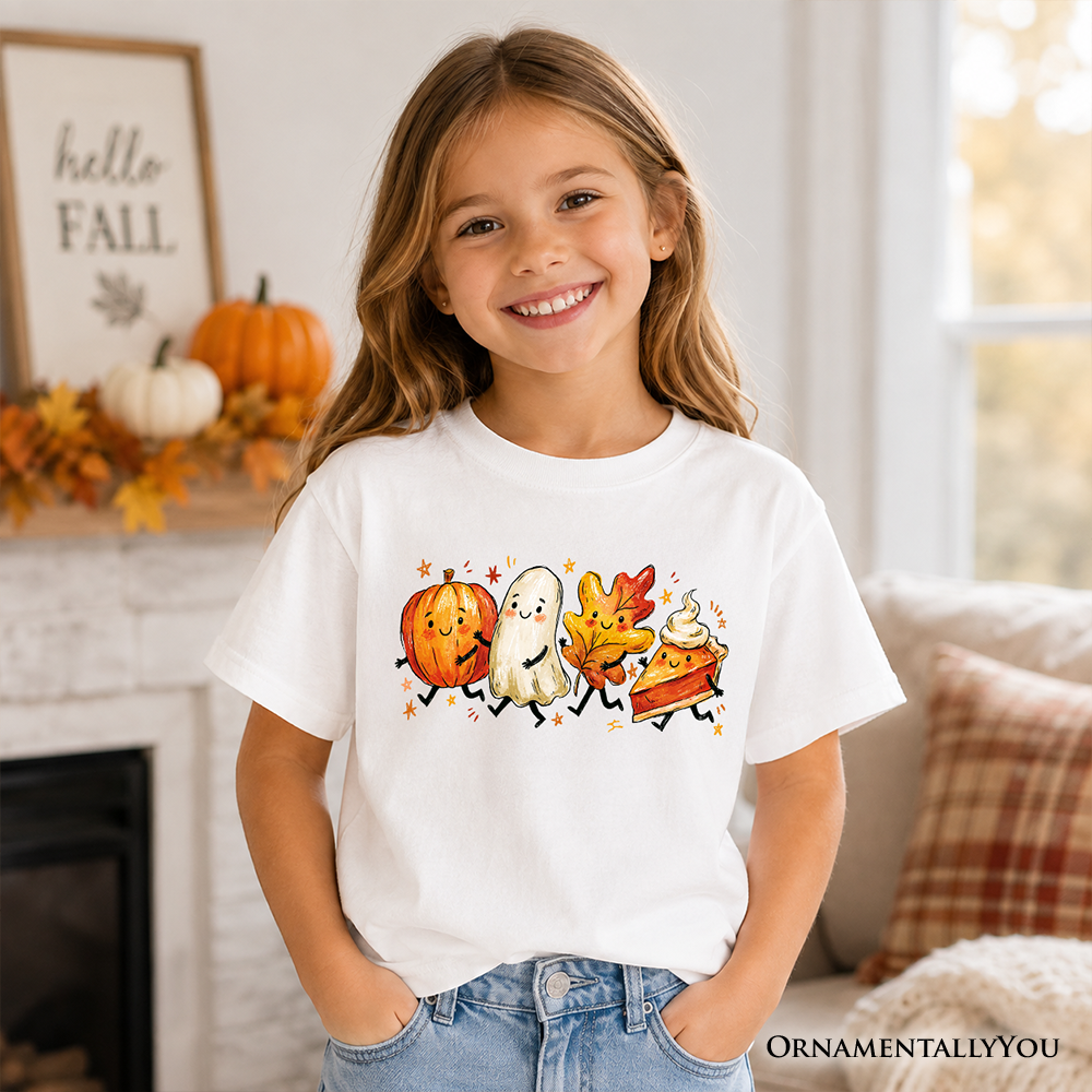 Kids Cute Fall Characters T-Shirt, Pumpkin Ghost Leaf Pie Autumn Youth Tee OrnamentallyYou