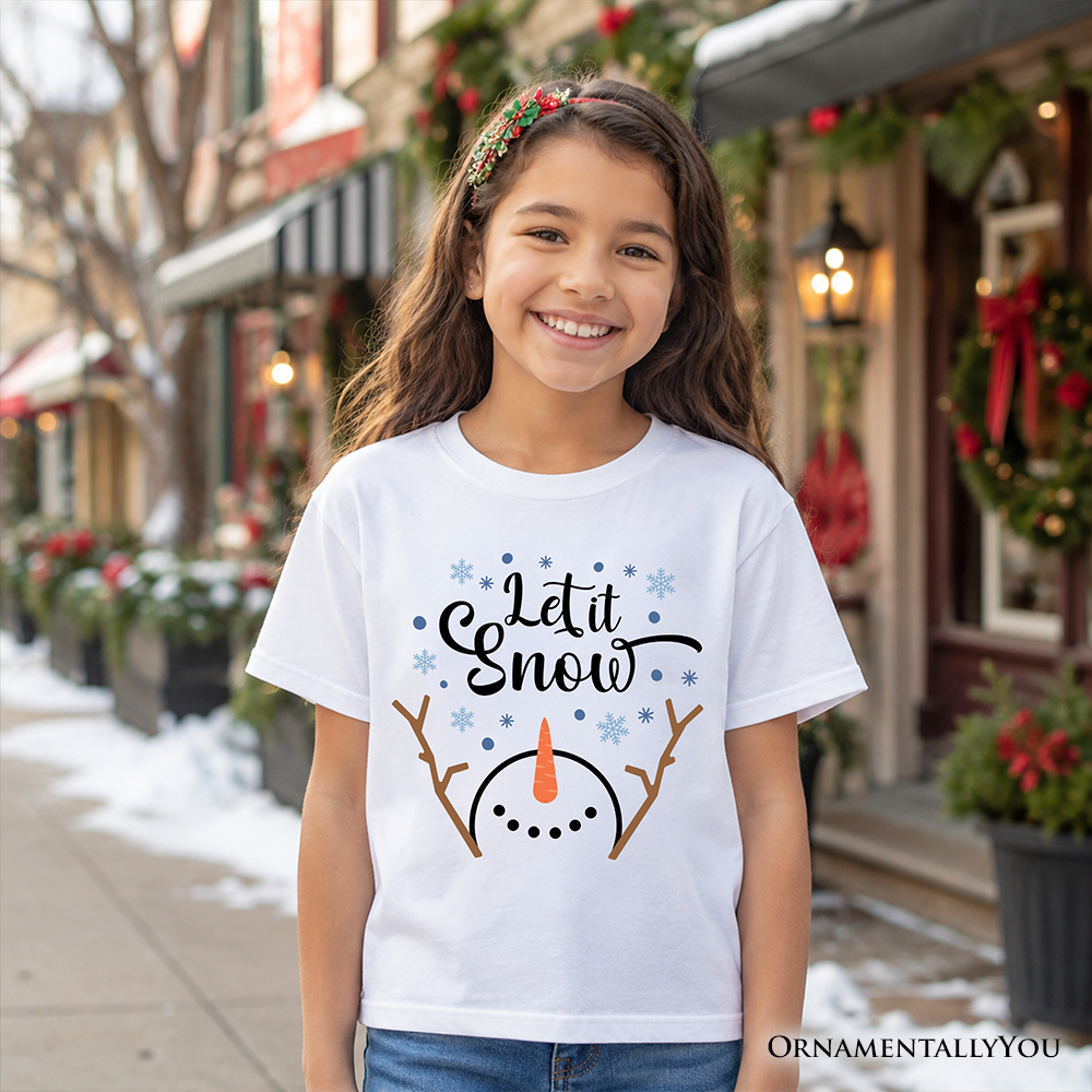 Kids Let It Snow Snowman T-Shirt, Snowflakes Minimalist Youth Tee for Winter Holiday Season OrnamentallyYou