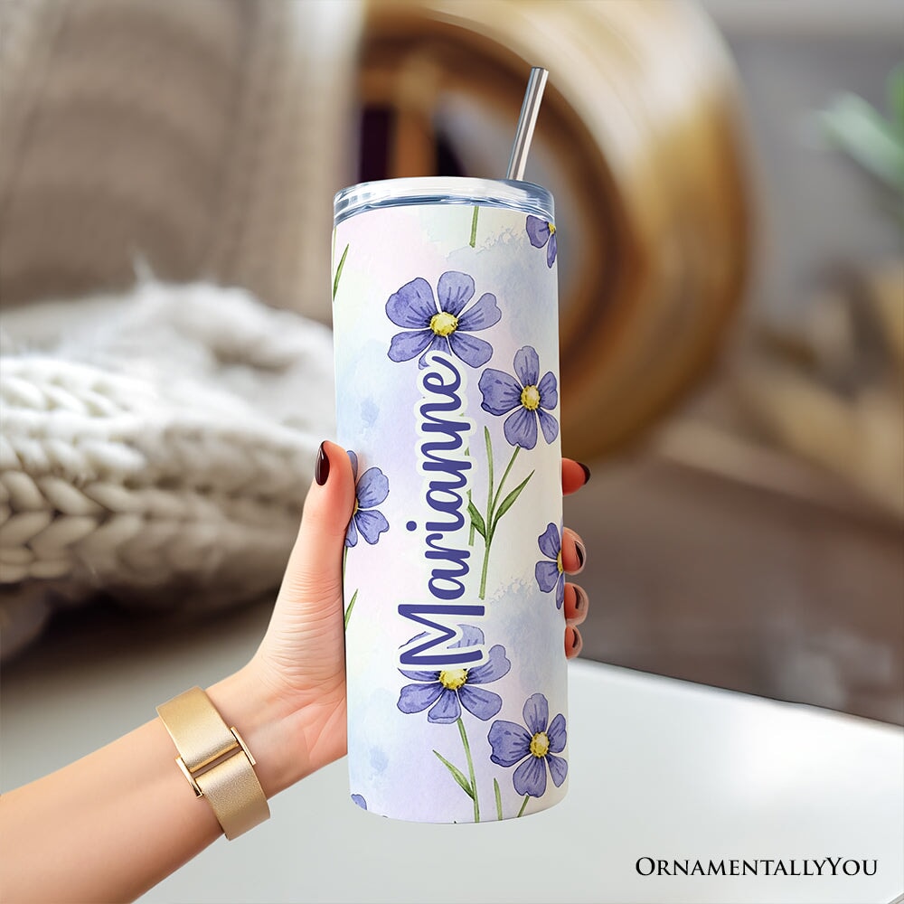 Delicate Blue Wildflowers 20oz Personalized Tumbler With Lid and Stainless Steel Straw, Soft Pastel Floral Pattern Gift Cup OrnamentallyYou