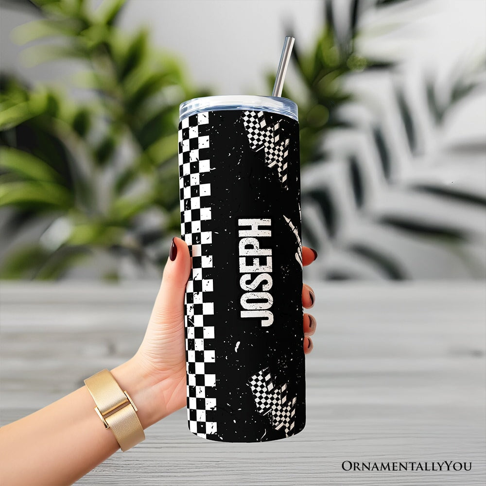 Just A Dad Checkered Lightning 20oz Personalized Tumbler With Lid and Stainless Steel Straw, Sarcastic Father's Day Humor Gift Cup OrnamentallyYou
