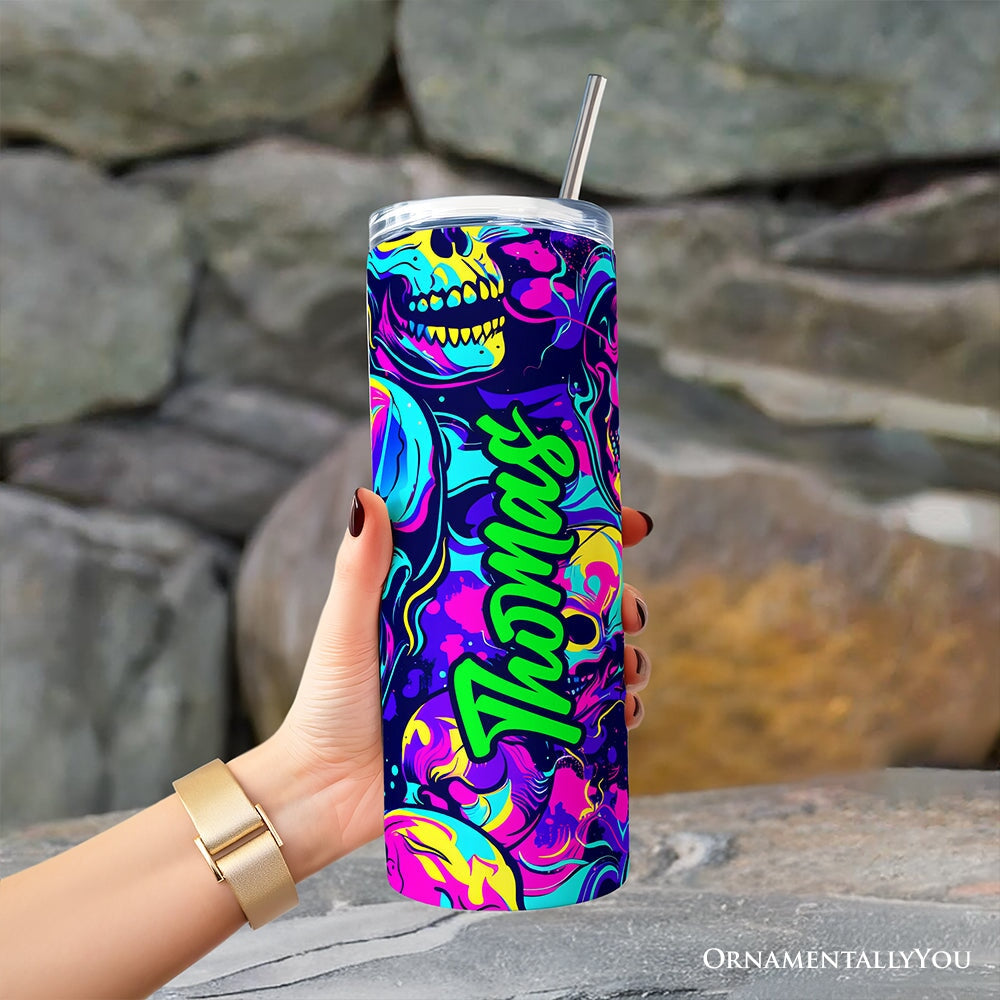Neon Skull Chaos 20oz Personalized Tumbler With Lid and Stainless Steel Straw, Psychedelic Horror Halloween Gift Cup OrnamentallyYou