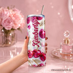Pink Rhinestone Cherry Bow 20oz Personalized Tumbler With Lid and Stainless Steel Straw, Sparkly Valentine Coquette Gift Cup OrnamentallyYou