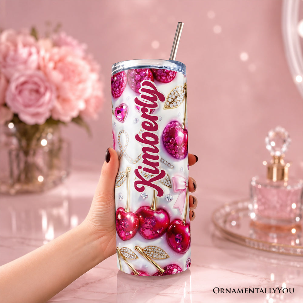 Pink Rhinestone Cherry Bow 20oz Personalized Tumbler With Lid and Stainless Steel Straw, Sparkly Valentine Coquette Gift Cup OrnamentallyYou
